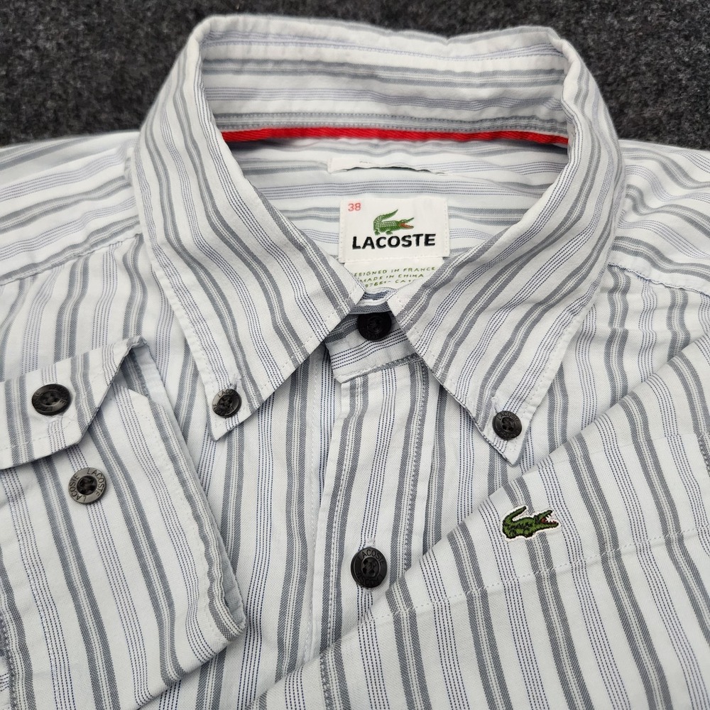 Lacoste Mens Size 38 Grey Striped Modern Fit Button Down Shirt